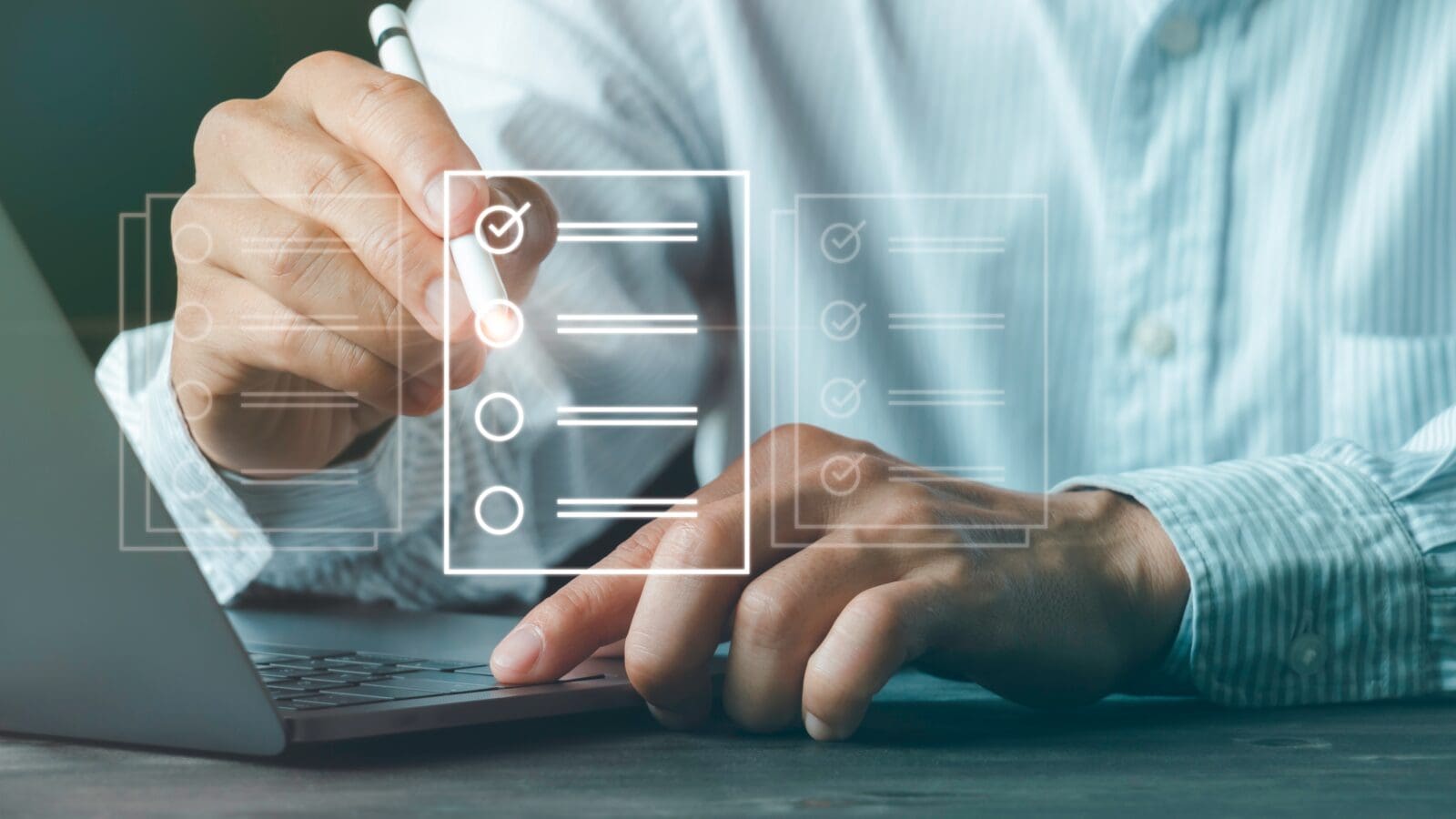 Businessman,Using,A,Laptop,And,Touching,On,Virtual,Screen,Contact