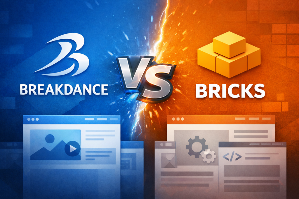 Breakdance versus Bricks page builder comparison graphic