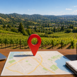 Paper map with a red pin on a desk overlooking Sonoma County vineyards