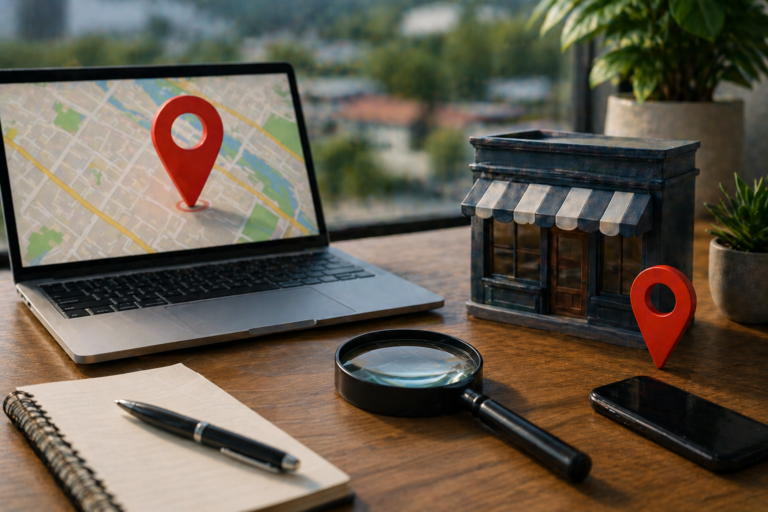 Laptop with a map pin next to a small model storefront and a magnifying glass