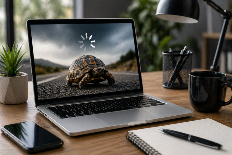 Laptop showing a tortoise and loading spinner representing a slow WordPress website