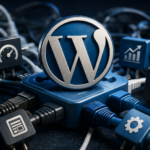 WordPress logo surrounded by tangled cables and plugin icons