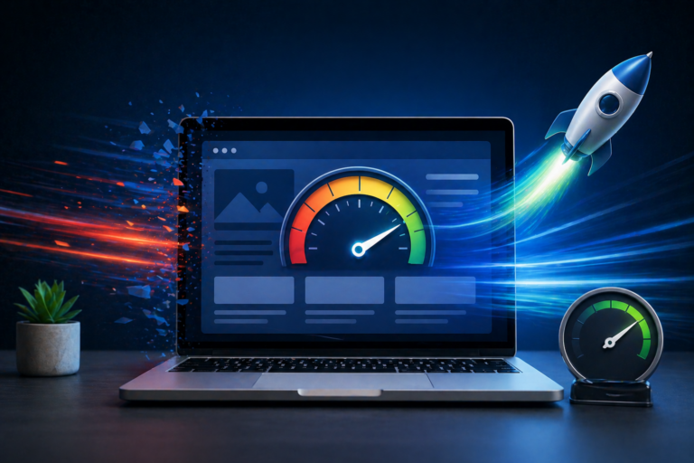 Laptop with a speed gauge and rocket representing a faster website