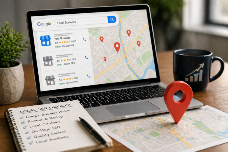 Laptop showing local Google search results with a red map pin and local SEO checklist