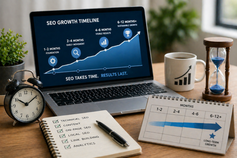 Laptop showing an SEO growth timeline next to a clock and hourglass