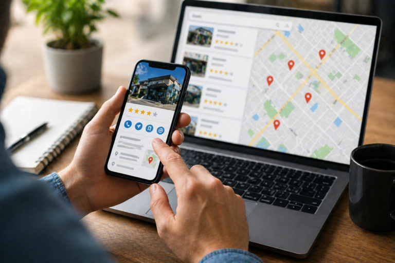 Person comparing Google Maps listings on a phone and laptop