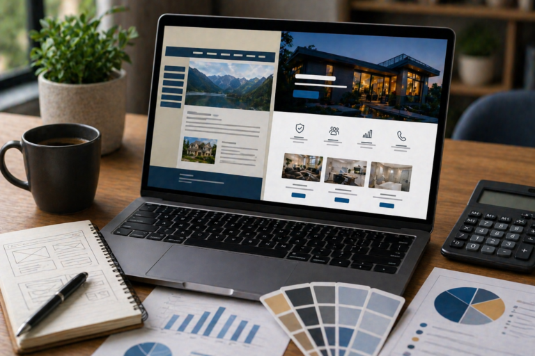 Laptop showing a redesigned website next to a calculator, color swatches, and budget notes