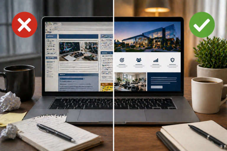 Side-by-side comparison of a cluttered website marked with an X and a clean website marked with a check