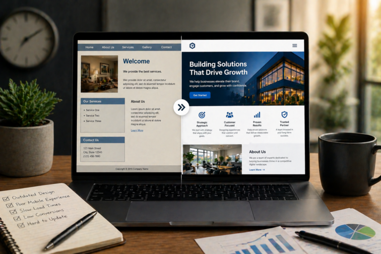 Laptop showing a modern construction company website on a desk