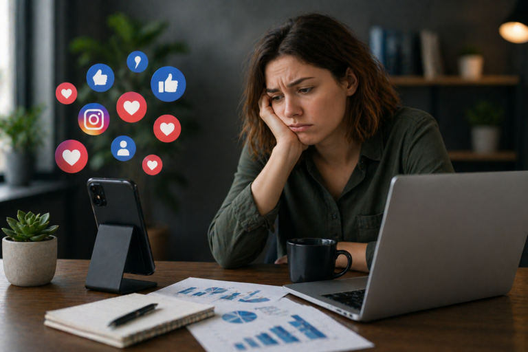 Tired woman at her desk next to a phone showing social media likes and hearts