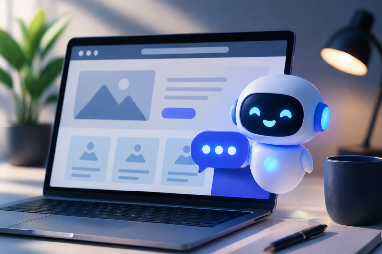 Friendly chatbot assistant beside a laptop showing a website
