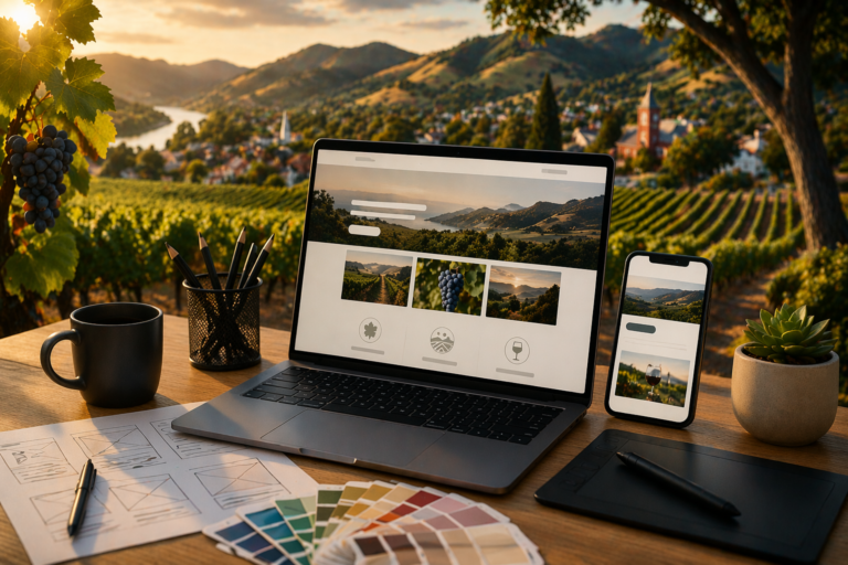 Laptop and phone showing a winery website on a desk at a vineyard during golden hour