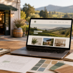 Laptop showing a winery website on a desk with vineyard hills behind it in Sonoma County
