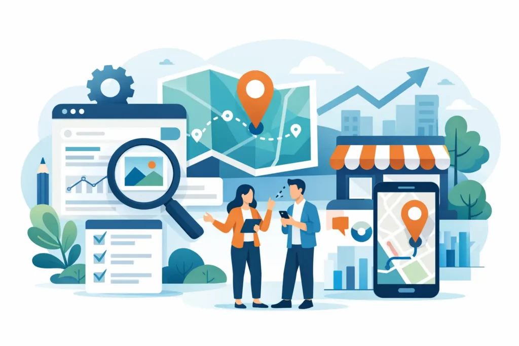 Illustration of a team planning local SEO content with a map, storefront, and search results