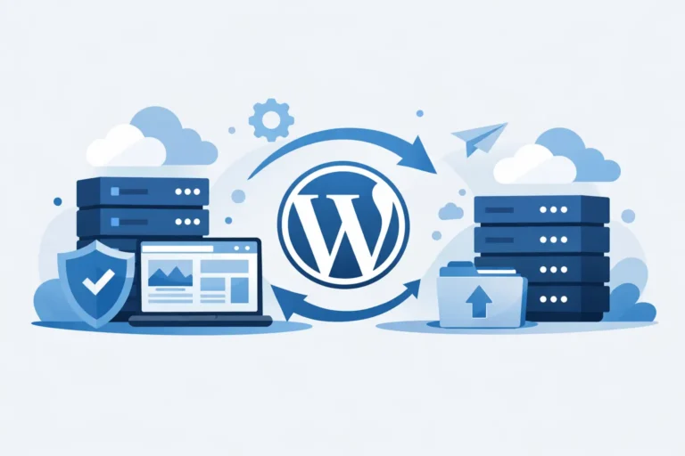 Illustration of a WordPress site moving safely between two servers