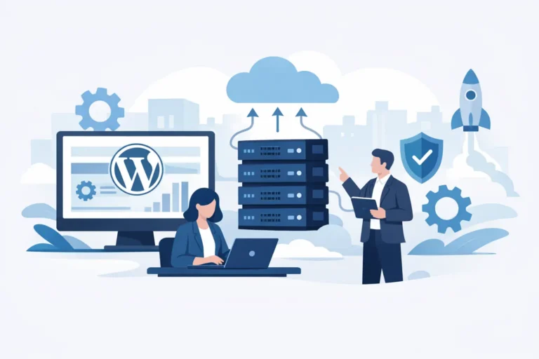 Illustration of a team managing WordPress hosting on secure servers
