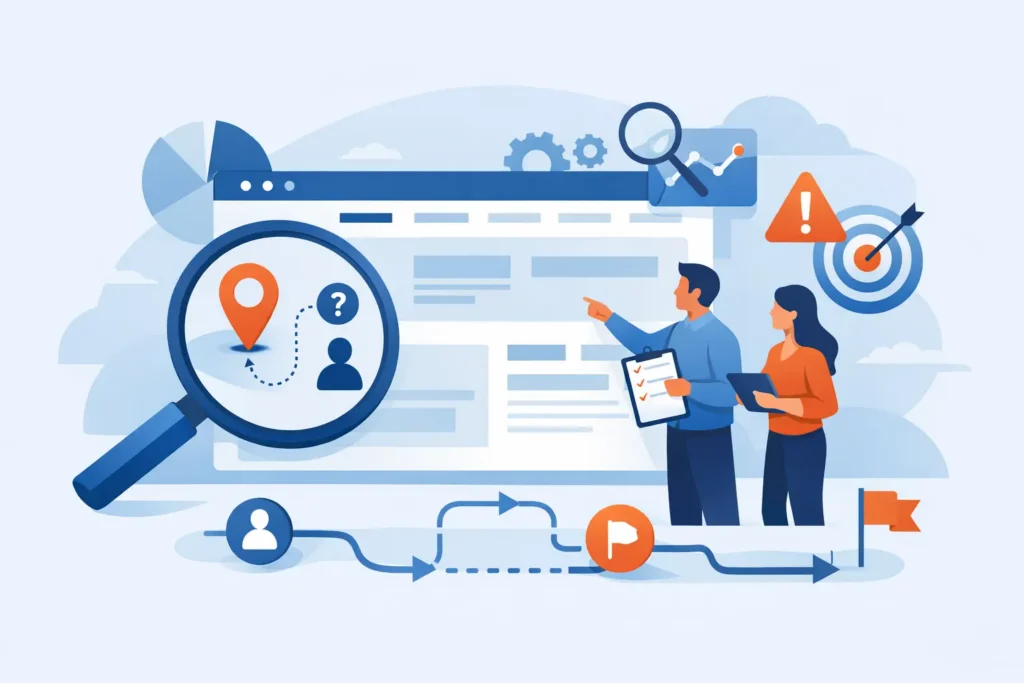 Illustration of a team auditing a website navigation path to find lost leads