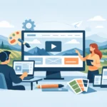 Illustration of a team redesigning a website with Sonoma County vineyards in the background