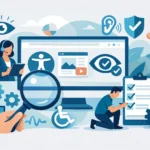 Illustration of auditors checking a website for accessibility with eye, ear, and wheelchair icons