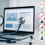 Laptop with a stethoscope and health check icons representing a free website health check