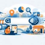 Illustration of people using AI-powered search to find local businesses