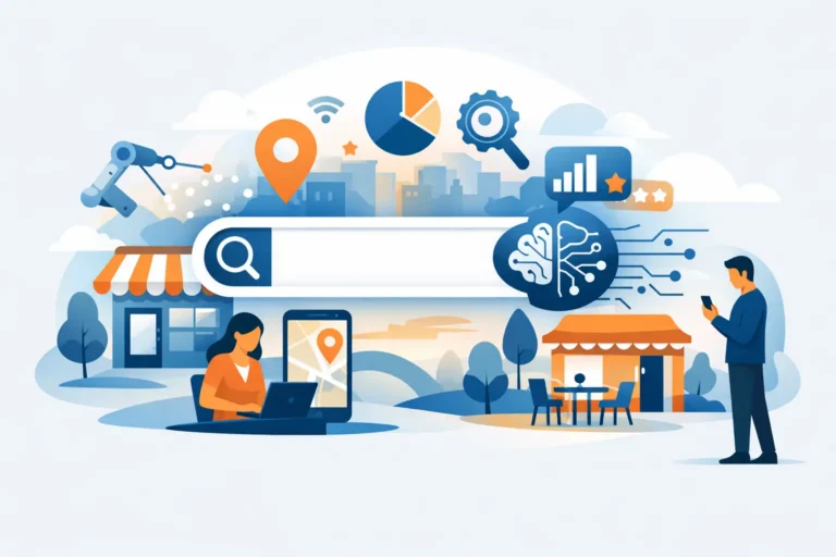 Illustration of people using AI-powered search to find local businesses