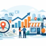 Illustration of a magnifying glass over a map pin, storefront, and rising local ranking chart