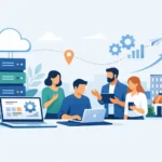 Illustration of a small team working on laptops connected to managed cloud hosting servers