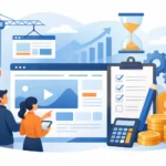 Illustration of a team weighing website design costs with a calculator, coins, and checklist