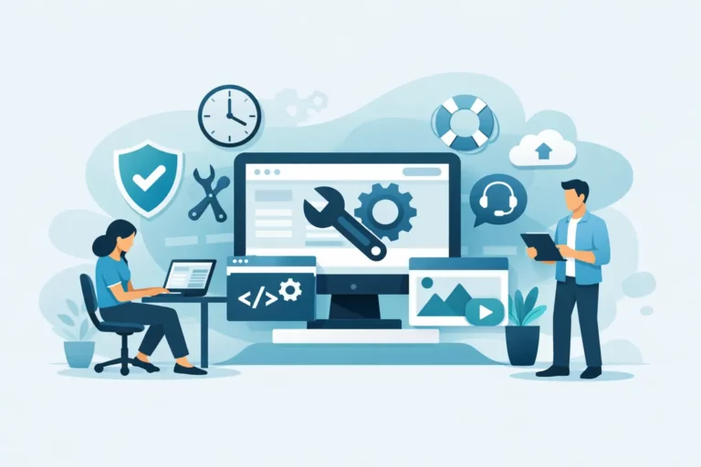 Illustration of a support team maintaining a website with tools, a shield, and a clock