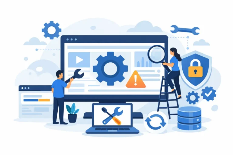 Illustration of technicians maintaining a WordPress website with gears, tools, and a security shield