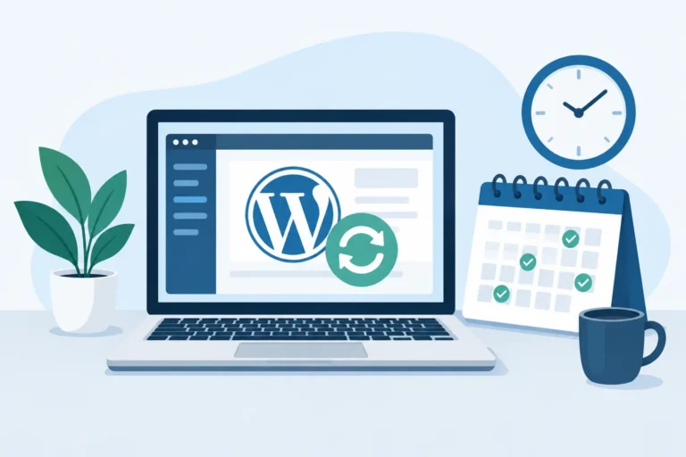 Illustration of a laptop running WordPress updates next to a calendar and clock
