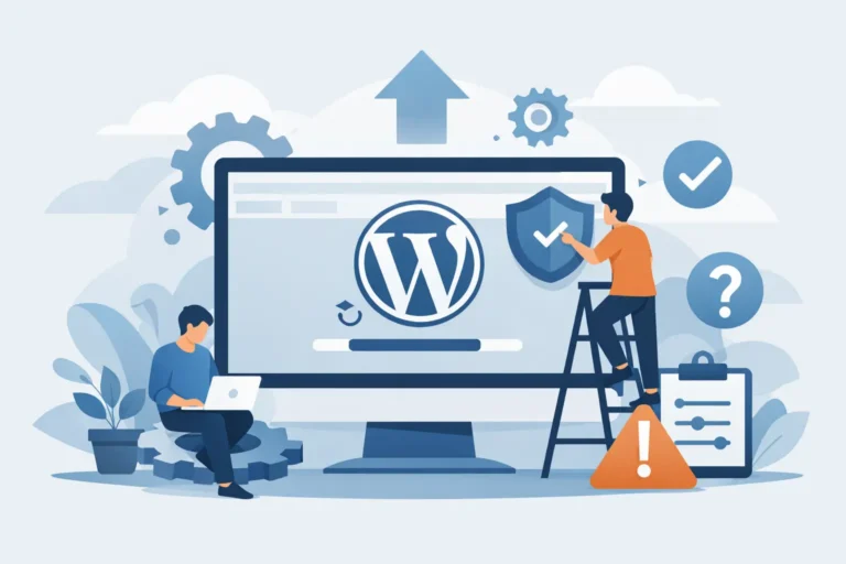 Illustration of people managing WordPress updates on a large monitor with a shield and warning icons