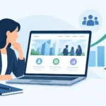 Illustration of a woman reviewing a professional services website with a growth chart