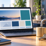 Laptop showing a website beside a padlock and keys, representing website security