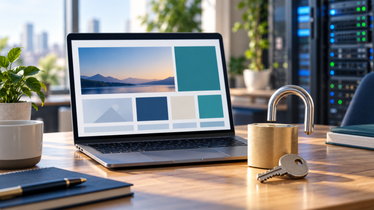 Laptop showing a website beside a padlock and keys, representing website security