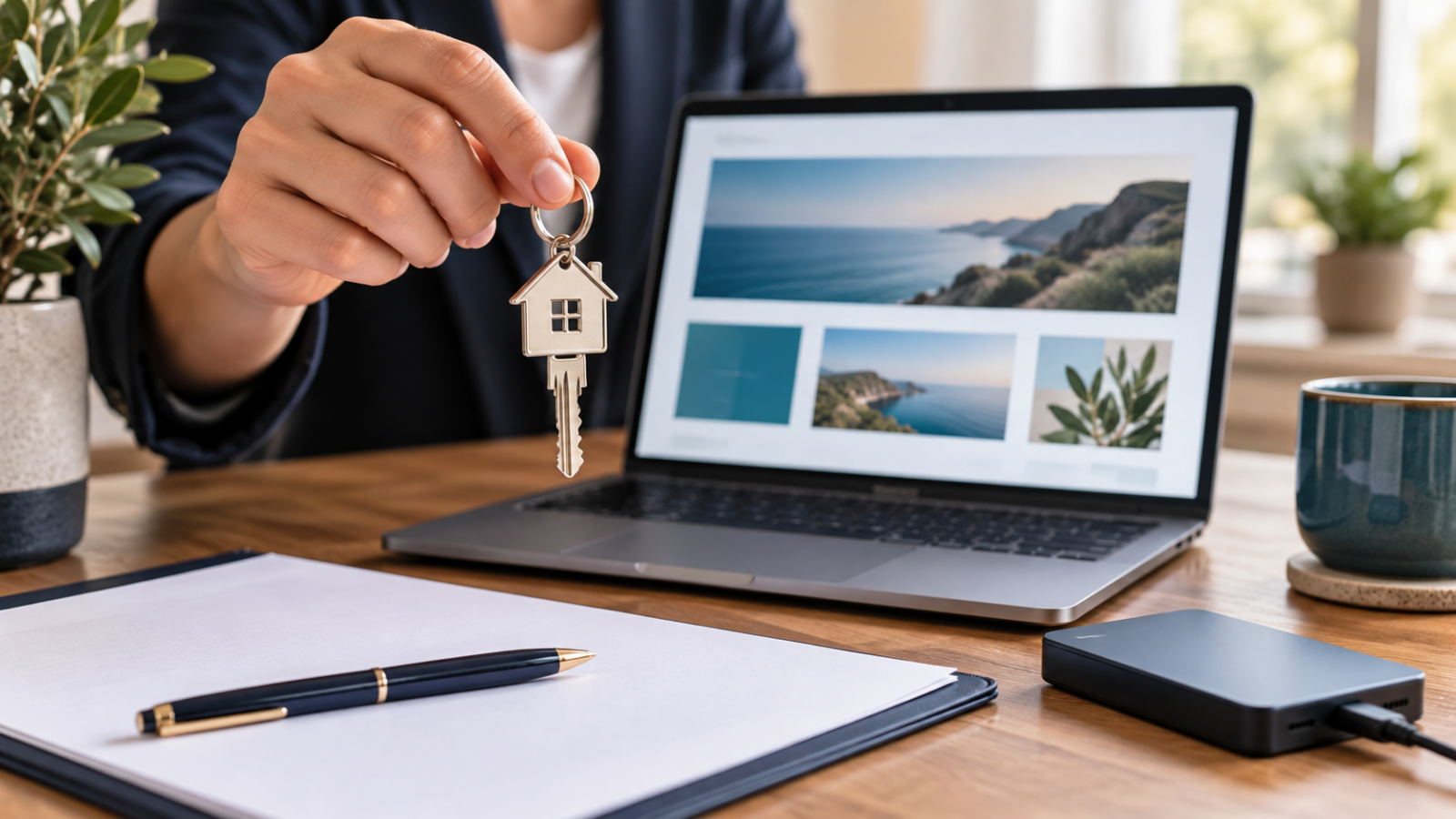 lady holding key in front of website
