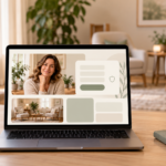 Laptop on a desk showing a therapist website in a calm home office
