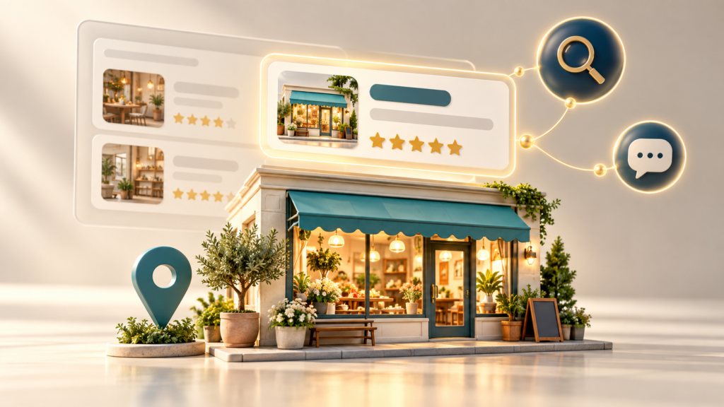 Storefront with floating search results, review stars, and chat bubbles representing AI search recommendations