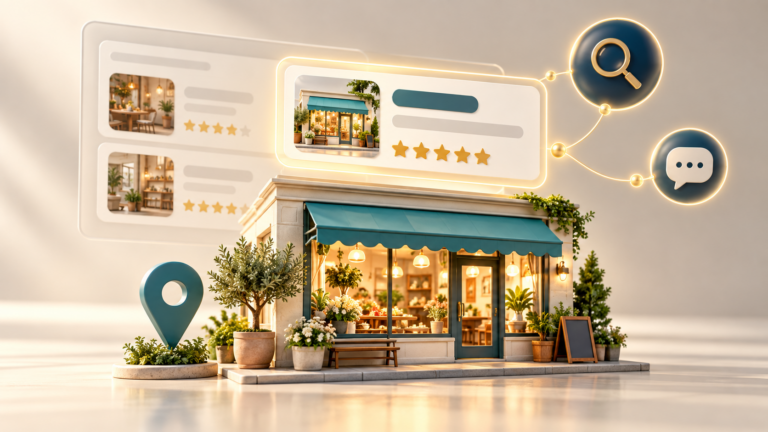 Storefront with floating search results, review stars, and chat bubbles representing AI search recommendations