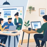 Illustration comparing an agency team meeting with a freelancer working alone at a laptop