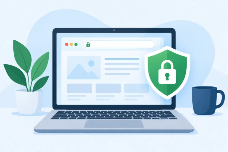 Illustration of a laptop displaying a website protected by an SSL padlock shield
