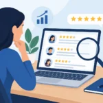 Illustration of a woman at a laptop reading star-rated agency reviews with a magnifying glass