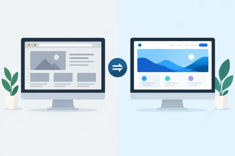 Illustration of an older desktop website refreshed into a modern design