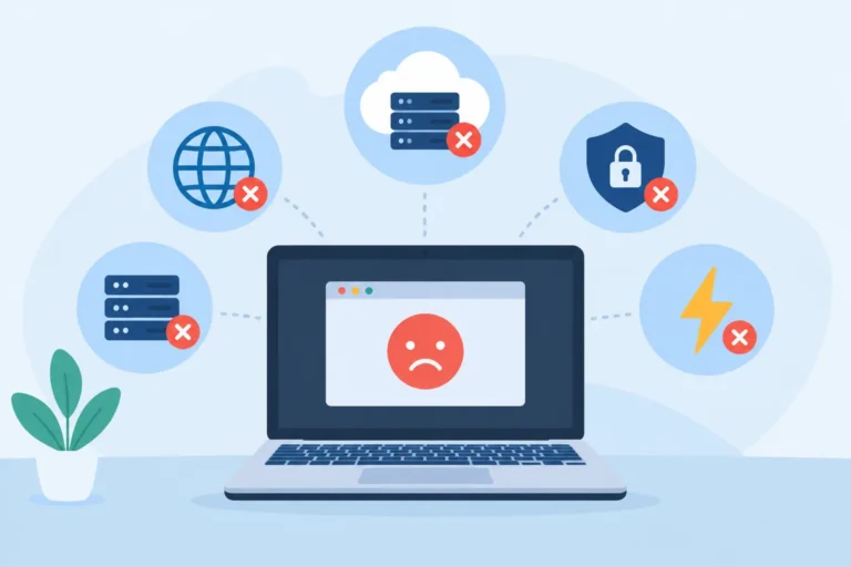 Illustration of a laptop with a sad face surrounded by server, security, and power icons representing website downtime