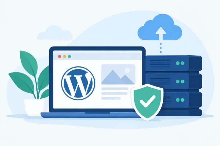 Illustration of a laptop showing a WordPress site connected to a secure cloud server